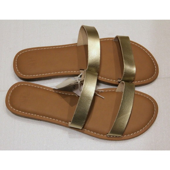 GAP Double Strap Flat Light Metallic Pale Gold Faux Leather Slides Sz 8 Sandal - Picture 3 of 4